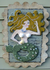 mermaid art, mermaid artist, fantasy artist, Cape May artist, sea shore art, hand carved mermaid, mixed media mermaid, unique wall art mermaid