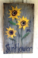 Tucker Stouch sunflower art, hand painted wood, painted wood, sunflowers, sunflower art, primitive, autumn art, wall decor, fall decor, craft design, create & decorate, flower design